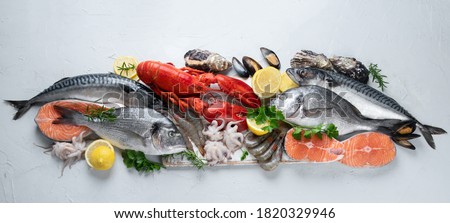 Assortment of fresh raw fish and seafood. Healthy and balanced diet or cooking concept. Top view