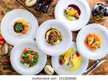 Assortment Of Fresh Vegetable Salads Flat Lay. Set Of Prepared Dishes On The Table Of Meat And Vegetables - Vegetarian Buffet. Healthy Food Set, Organic, Natural Eating Concept