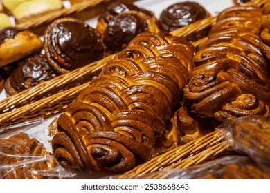 Assortment of freshly baked challah loaf and golden brown pastries with vanilla and chocolate toppings displayed in  rustic woven wicker baskets on the shelf on grocery department in supermarket. - Powered by Shutterstock