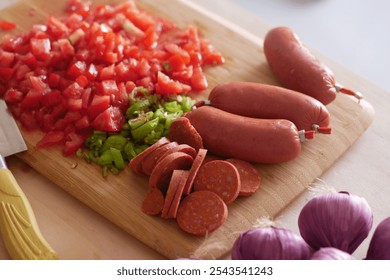 An assortment of Freshly Cut Vegetables and Sausages beautifully arranged on a Wooden Cutting Board - Powered by Shutterstock