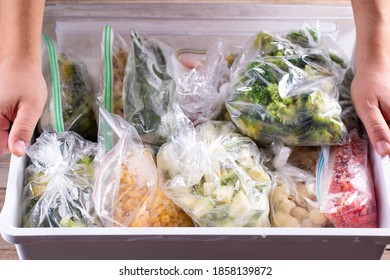 Assortment Of Frozen Vegetables In Home Fridge. Frozen Food In The Freezer