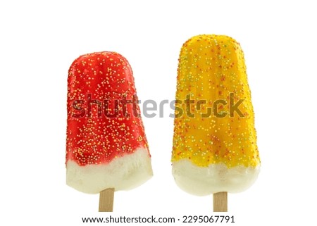 Assortment of fruit sweet popsicles isolated on a white background, summer dessert ice creams, ice lollies, colorful candy yellow and red