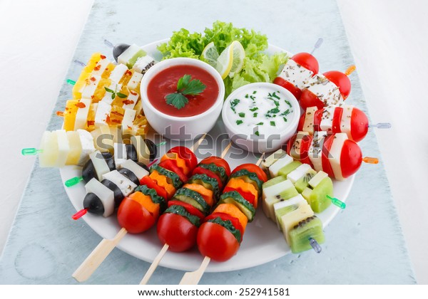 Assortment Fruit Vegetable Appetizer Dips Stock Photo Edit Now 252941581