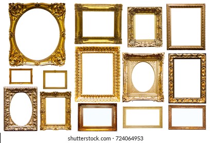 assortment of golden and silvery art and photo frames isolated on white background - Shutterstock ID 724064953