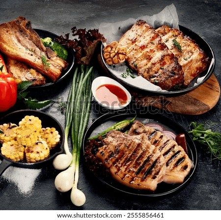 Assortment of grilled pork meat with vegetables on dark grey background. Organic gourmet food concept. 