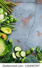 Assortment Of Healthy Organic Green Vegetables For Balanced Eating. Vegan, Vegetarian, Whole Food, Plant Based, Clean Eating Concept. Top View Flat Lay Copy Space Background