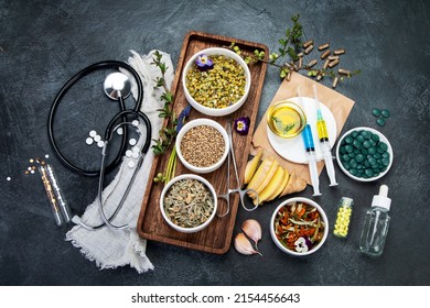 Assortment Of Herbal And Traditional Medicine. Traditional Healthcare Concept. Natural Homoeopathic Remedies. Top View, Flat Lay