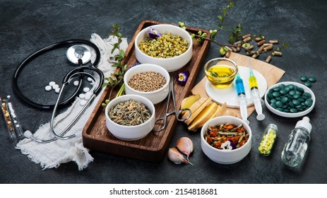 Assortment Of Herbal And Traditional Medicine. Traditional Healthcare Concept. Natural Homoeopathic Remedies. 