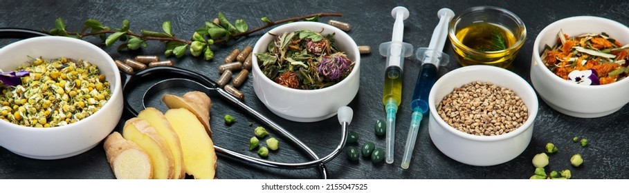 Assortment Of Herbal And Traditional Medicine. Traditional Healthcare Concept. Natural Homoeopathic Remedies. Panorama