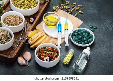 Assortment Of Herbal And Traditional Medicine. Traditional Healthcare Concept. Natural Homoeopathic Remedies. 