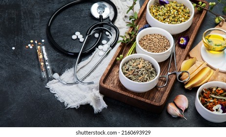 Assortment Of Herbal And Traditional Medicine. Traditional Healthcare Concept. Natural Homoeopathic Remedies. Copy Space