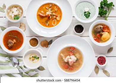 Assortment Of Hot Soups Flat Lay. Top View On Restaurant Table With Variety Of Warm Fasting Dishes On It. Buffet, Menu, Lunchtime, Healthy Food Concept