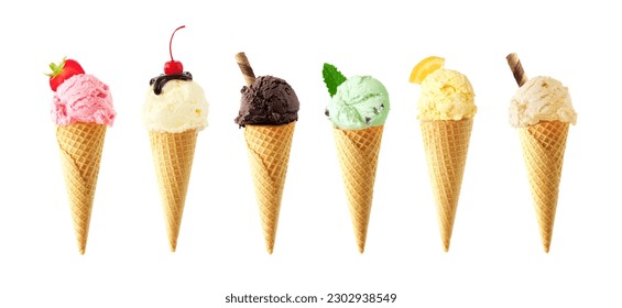 Assortment of ice cream cones. Variety of flavors isolated on a white background. - Powered by Shutterstock