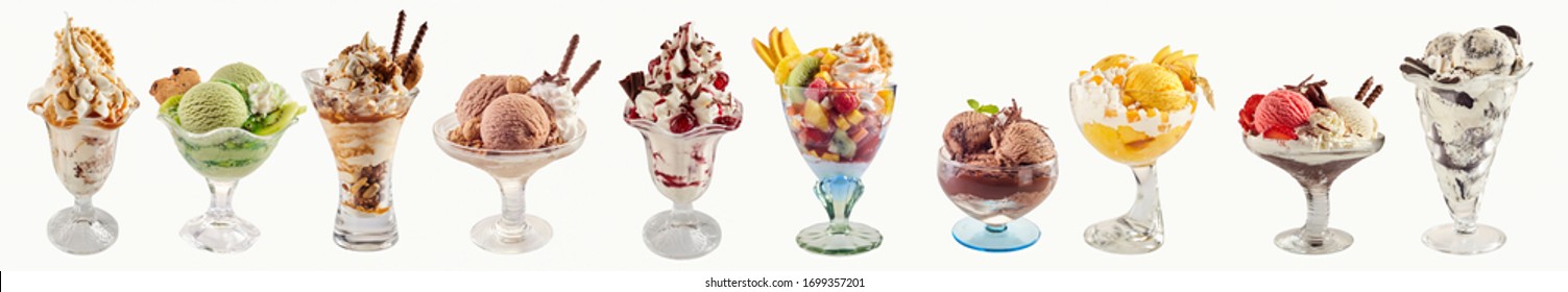 An assortment of ice-cream sundaes on a white background with copy space.