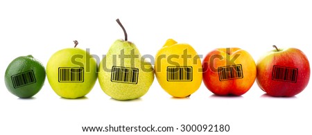 Assortment of juicy fruits with barcodes isolated on white