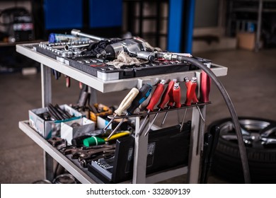 Assortment Kit Of Tools In Mechanic Garage Car Service