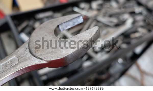 Assortment\
Kit of tools in mechanic garage car\
service.