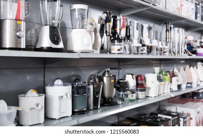 Assortment Of A Kitchen Appliances Blenders And Juicers At Household Store   

