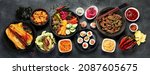 Assortment of Korean traditional dishes. Asian food. Top view, flat lay, panorama