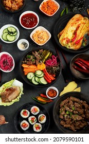 Assortment Of Korean Traditional Dishes. Asian Food. Top View, Flat Lay, Copy Space