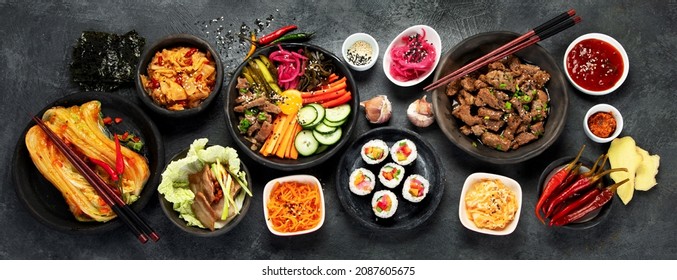 Assortment of Korean traditional dishes. Asian food. Top view, flat lay, panorama - Shutterstock ID 2087605675
