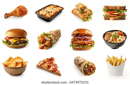 Assortment of many delicious fast food, set. isolated on white background. lasagna, sandwich, ramen noodles, pizza slice, fries, potato chips, beef burger, fried chicken. Junk foods set. Fastfood menu - Powered by Shutterstock