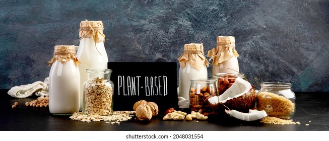 Assortment Of Non Diary Plant Based Milk. Organic Vegan Food Concept. Front View, Panorama