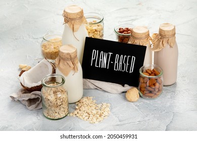 Assortment of non diary plant based milk. Organic vegan food concept. 
