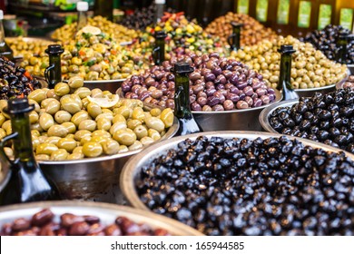 Assortment of olives on market,Tel Aviv,Israel