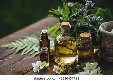 Assortment of organic essential oils, herbal extracts and medical flowers herbs In glass bottles. Alternative therapy, aromatherapy. Natural ingredients in cosmetic and medicine