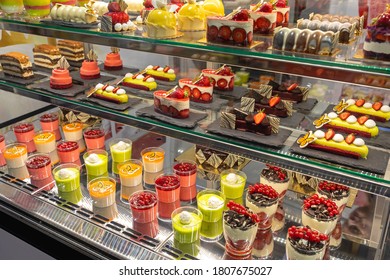 Assortment Of Pastries And Cakes In Patisserie Display