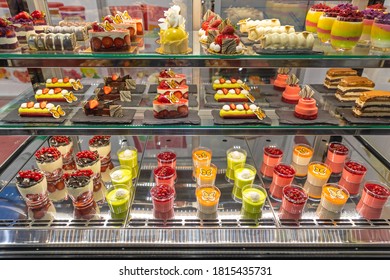 Assortment Of Pastries And Cakes In Patisserie Display