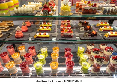 Assortment Of Pastries And Cakes In Patisserie Display