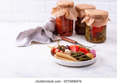 Assortment Of Pickled Vegetables In Plate. Fermented Food Concept