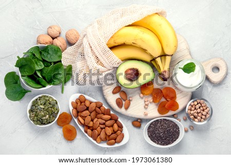 Assortment of products containing magnesium. Healthy diet food. Top view