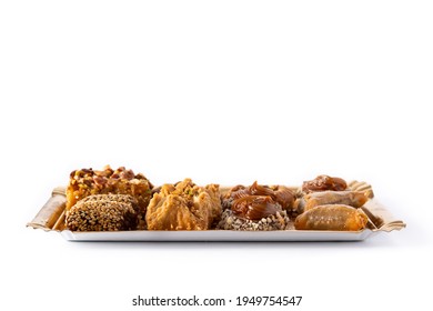 Assortment Of Ramadan Dessert Baklava Isolated On White Background. Traditional Arabic Sweets.