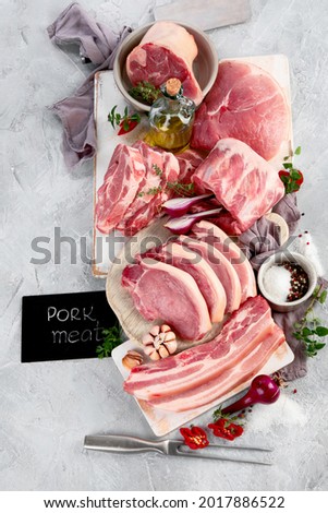 Assortment of raw pork meat on light grey background. Organic gourmet food concept. Top view, flat lay, copy space