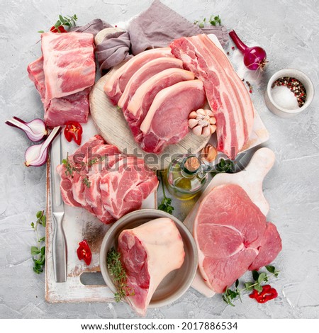 Assortment of raw pork meat on light grey background. Organic gourmet food concept. Top view, flat lay