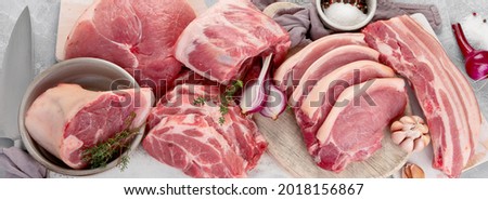 Assortment of raw pork meat on light grey background. Organic gourmet food concept. Top view, flat lay,  panorama, banner