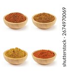 Assortment of ready spice blends including köfte, cajun, sucuk, and curry in wooden bowls.