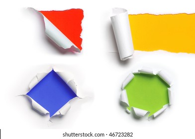 Assortment of ripped white paper against a colorful backgrounds