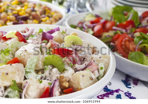 Assortment Salads On Buffet Table Party Food And Drink Stock Image