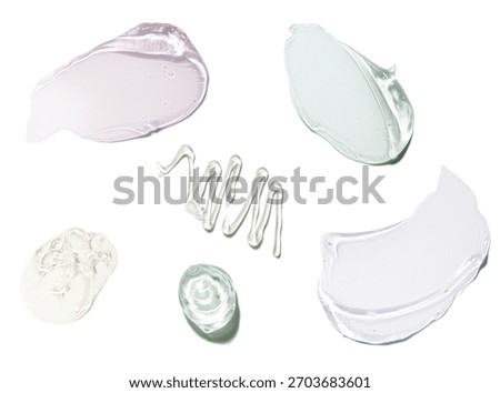 Assortment of samples of cosmetic multi colored gels. Beauty product sample swatches isolated on white