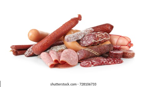 Assortment of sausages on white background