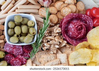 Assortment of savory snacks perfect for sharing, display of crackers, breadsticks, potatoes chips around a salami slices arrangement complimented by cherry tomatoes, walnuts and a bowl of green olives - Powered by Shutterstock