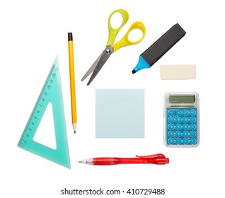 Assortment of school supplies isolated on white background - Shutterstock ID 410729488