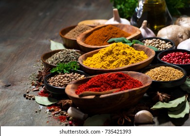 assortment of spices and herbs, selective focus, horizontal