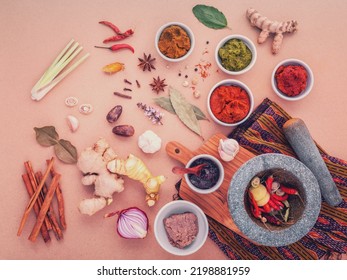 Assortment Of Thai Food Cooking Ingredients And Paste Of Thai Popular Food Red Curry And Green Curry.