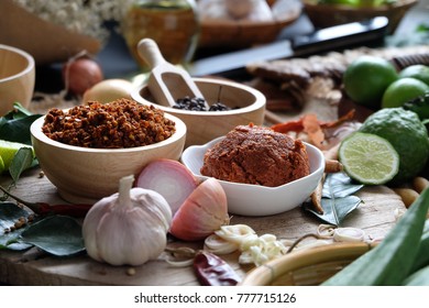 Assortment of Thai food Cooking ingredients. Spices ingredients chilli pepper garlicgalanga and kaffir lime leaves. - Shutterstock ID 777715126