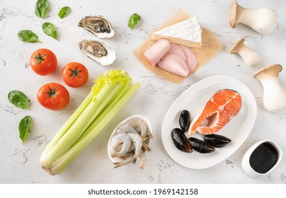 Assortment Of Umami - Rich Foods On The White Background